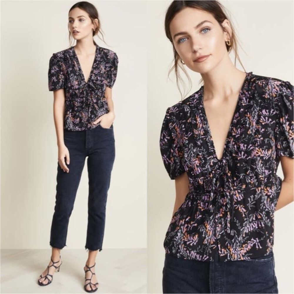 Cinq a Sept Snapdragon Keira Silk Floral V-Neck Blouse Short Sleeve Small Top - Picture 1 of 11